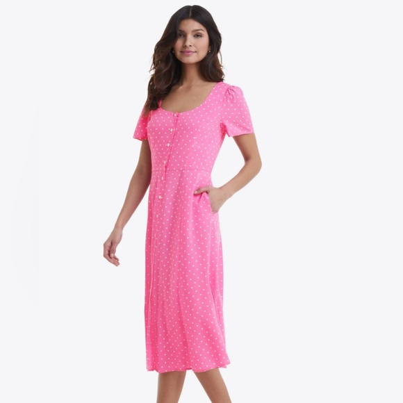 Draper James Pink Polka Dot Button Front Midi Dress Short Sleeve O16 - Picture 1 of 6